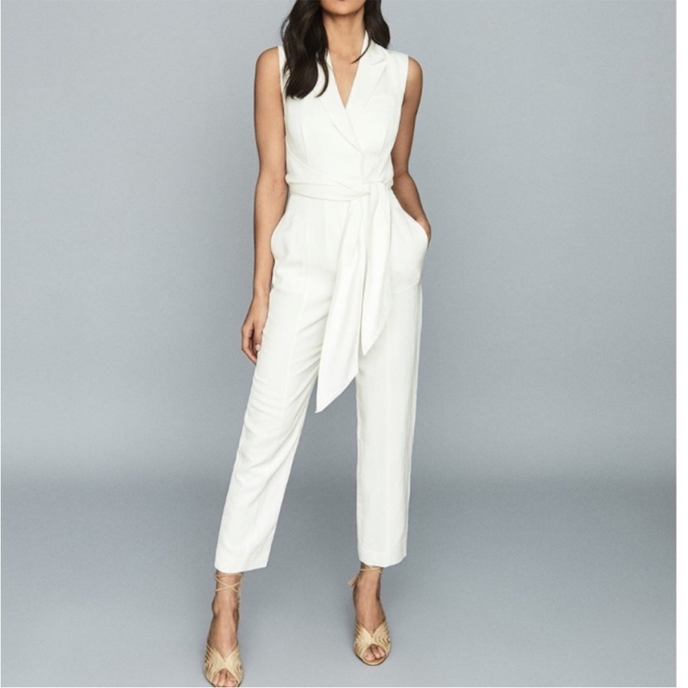 Reiss Romy Bow Jumpsuit in White Ivory Viscose Linen Tie Waist Button Front 2